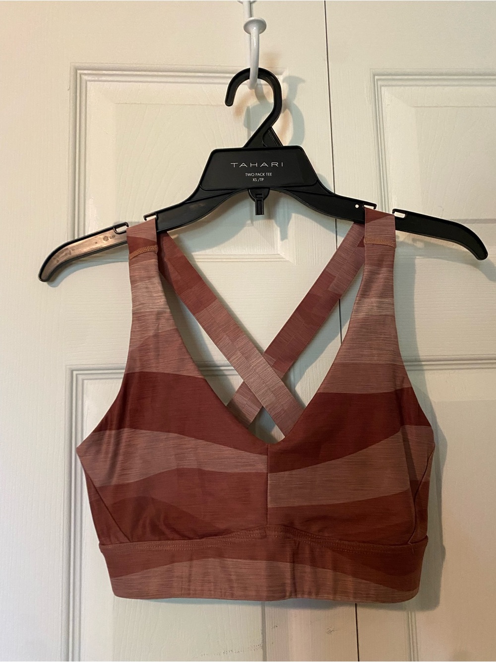 Prana Crisscross Strappy Sports Bra in Mauve Rust Stripes